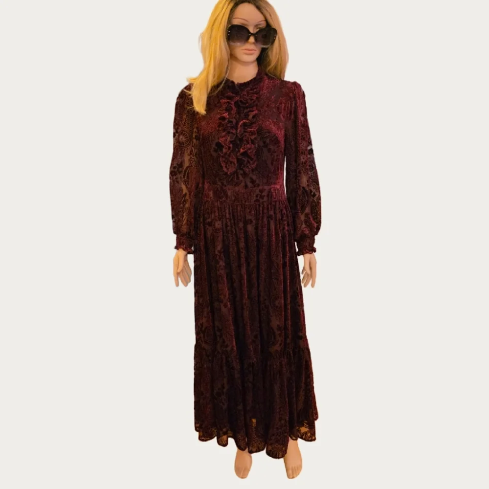MOTF FLORAL FLOCKING Velvet Long Sleeve Dress in Deep Burgundy  M - Picture 12 of 16